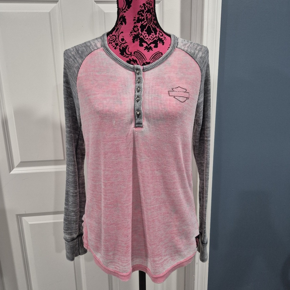 Y2K Harley Davidson Henley Top Womens Small Pink Thermal Burnout Waffle Knit